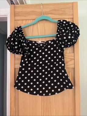 See You Monday Black & White Polka Dot Puff-Sleeve Crop Top